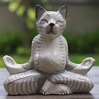 Wooden Cat With Painted, Handmade From Albesia Wood