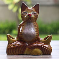 Wooden Cat With Painted, Handmade From Albesia Wood