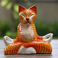 Wooden Cat With Painted, Handmade From Albesia Wood