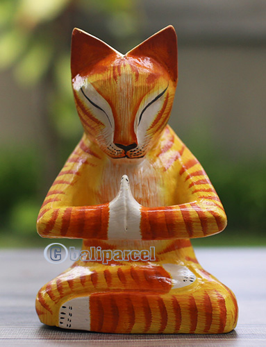 Wooden Cat With Painted, Handmade From Albesia Wood