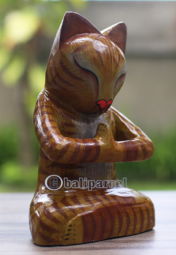 Wooden Cat With Painted, Handmade From Albesia Wood