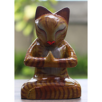 Wooden Cat With Painted, Handmade From Albesia Wood
