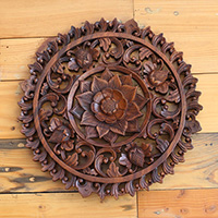 Wooden Wallhanging Sun Flower, Handmade From Suar Wood With Brown Polished