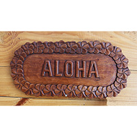 Wooden Wallhanging Aloha, Handmade From Suar Wood With Brown Polished