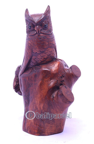 Wooden Owl With Parasite, Handmade From Suar Wood