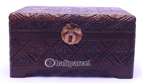 Wooden Box, Hand Carved From Sono Wood, With Bali Flower Carving