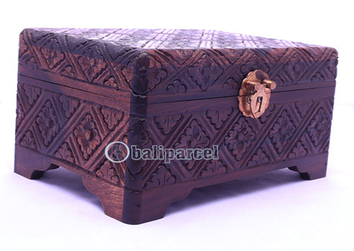 Wooden Box, Hand Carved From Sono Wood, With Bali Flower Carving