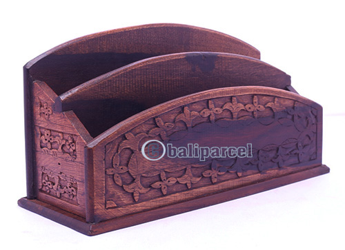 Wooden Tissue Holder, Hand Carved From Sono Wood, With Bali Flower Carving