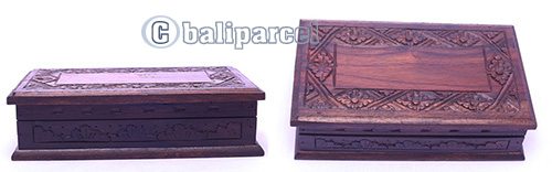Wooden Box Set Of 3, Hand Carved From Sono Wood, With Bali Flower Carving