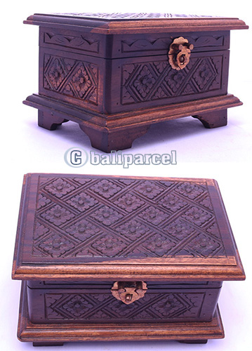 Wooden Box, Hand Carved From Sono Wood, With Bali Flower Carving