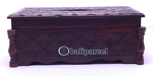 Wooden Tissue Holder, Hand Carved From Sono Wood, With Bali Flower Carving