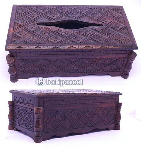 Wooden Tissue Holder, Hand Carved From Sono Wood, With Bali Flower Carving