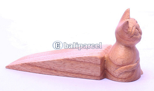 Wooden Door Stop With Cat Carving, Made From Albesia Wood