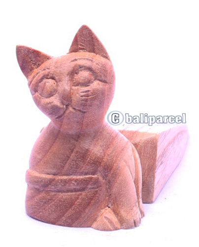 Wooden Door Stop With Cat Carving, Made From Albesia Wood