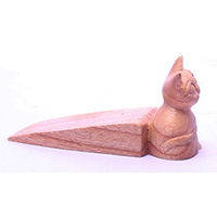 Wooden Door Stop With Cat Carving, Made From Albesia Wood