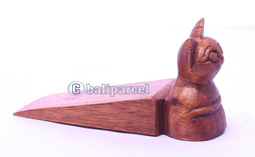 Wooden Door Stop With Cat Carving, Made From Albesia Wood
