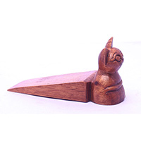 Wooden Door Stop With Cat Carving, Made From Albesia Wood