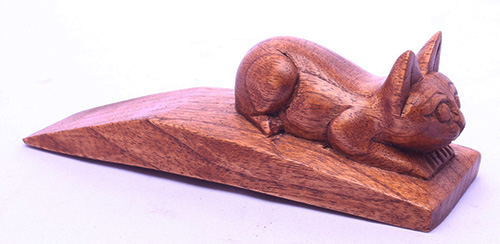 Wooden Door Stop With Cat Carving, Made From Albesia Wood