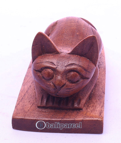Wooden Door Stop With Cat Carving, Made From Albesia Wood
