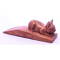 Wooden Door Stop With Cat Carving, Made From Albesia Wood