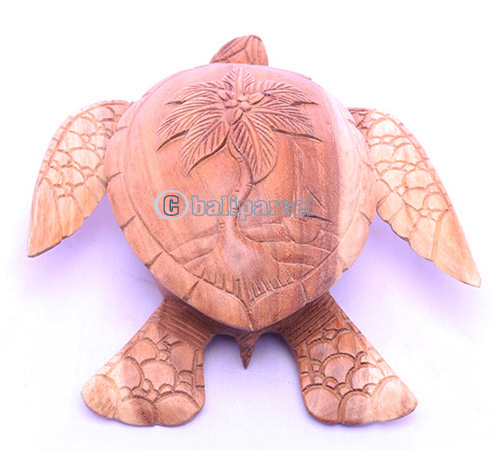 Wooden Fruit Holder With Palm, Turtle Carving, Hand Carved From Suar Wood