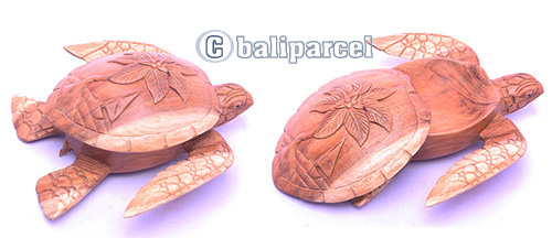 Wooden Fruit Holder With Palm, Turtle Carving, Hand Carved From Suar Wood