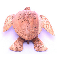Wooden Fruit Holder With Palm, Turtle Carving, Hand Carved From Suar Wood