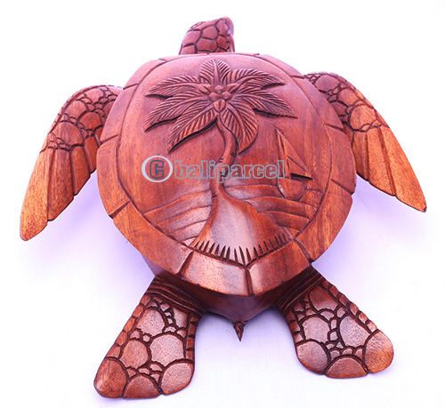 Wooden Fruit Holder With Palm, Turtle Carving, Hand Carved From Suar Wood