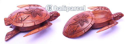 Wooden Fruit Holder With Palm, Turtle Carving, Hand Carved From Suar Wood