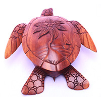 Wooden Fruit Holder With Palm, Turtle Carving, Hand Carved From Suar Wood