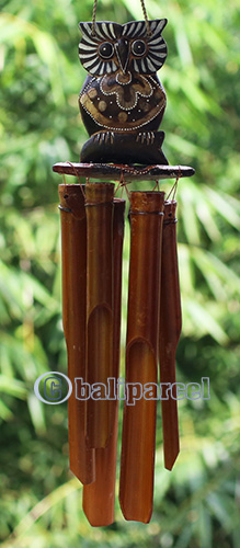 Bamboo Windchime With Owl Painted, Natural Bamboo