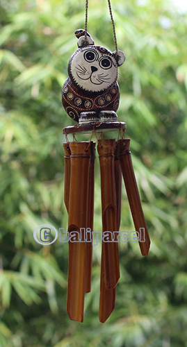 Bamboo Windchime With Cat Painted, Natural Bamboo