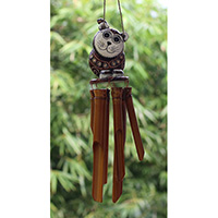 Bamboo Windchime With Cat Painted, Natural Bamboo
