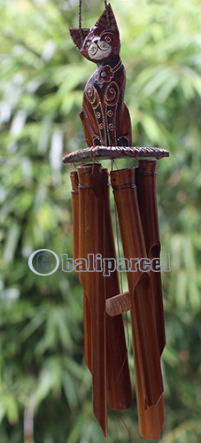 Bamboo Windchime With Cat Painted, Natural Bamboo