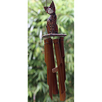 Bamboo Windchime With Cat Painted, Natural Bamboo