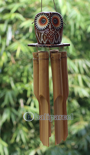 Bamboo Windchime With Owl Painted, Natural Bamboo