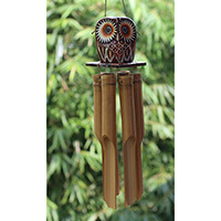 Bamboo Windchime With Owl Painted, Natural Bamboo