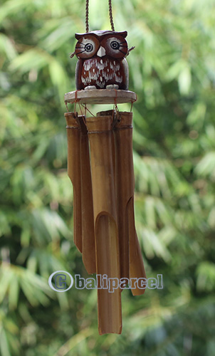 Bamboo Windchime With Owl Painted, Natural Bamboo
