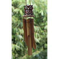 Bamboo Windchime With Owl Painted, Natural Bamboo