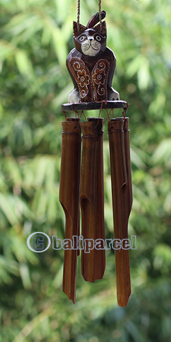 Bamboo Windchime With Cat Painted, Natural Bamboo