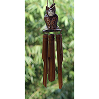 Bamboo Windchime With Cat Painted, Natural Bamboo