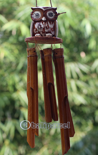Bamboo Windchime With Owl Painted, Natural Bamboo