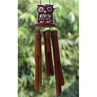 Bamboo Windchime With Owl Painted, Natural Bamboo