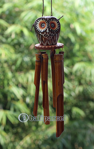Bamboo Windchime With Owl Painted, Natural Bamboo