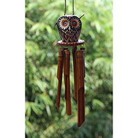 Bamboo Windchime With Owl Painted, Natural Bamboo
