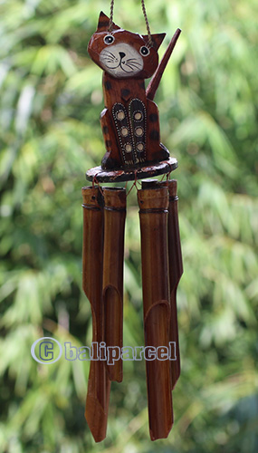 Bamboo Windchime With Cat Painted, Natural Bamboo