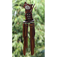 Bamboo Windchime With Cat Painted, Natural Bamboo