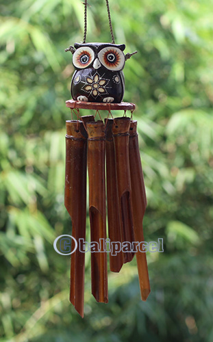 Bamboo Windchime With Owl Painted, Natural Bamboo