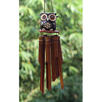Bamboo Windchime With Owl Painted, Natural Bamboo