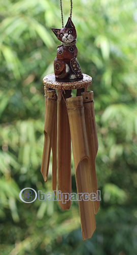 Bamboo Windchime With Cat Painted, Natural Bamboo